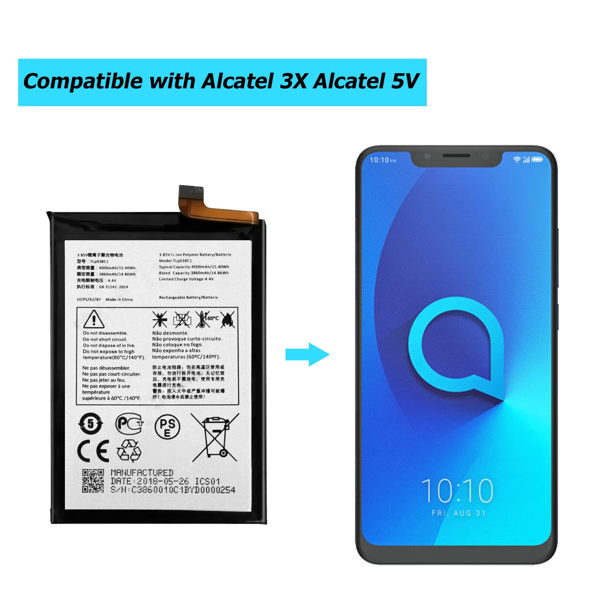 HIGHAKKU Batería de repuesto TLp038C7 TLP038C1 compatible con Alcatel