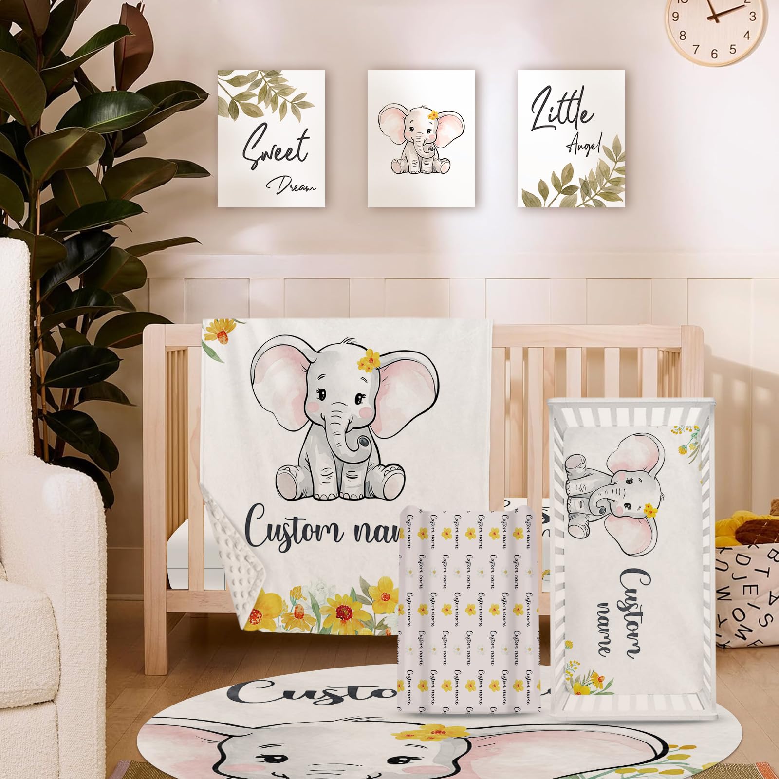 HSHRYY Custom Baby Crib Bedding Set, 5 Pcs Personalized Name Baby Crib Sheets for Kid Toddler Infant, Sunflowers and Little Elephant Nursery Bedding Set, a