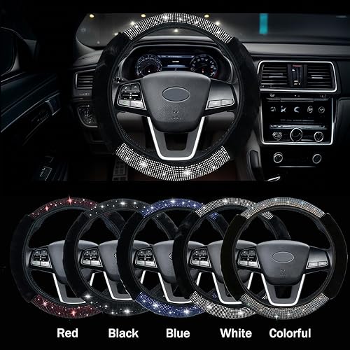 Miniatura 5 de Funda para volante para mujeres y niñas, con diamantes de imitación negros, piel brillante, accesorios elásticos para volante, fundas elásticas para