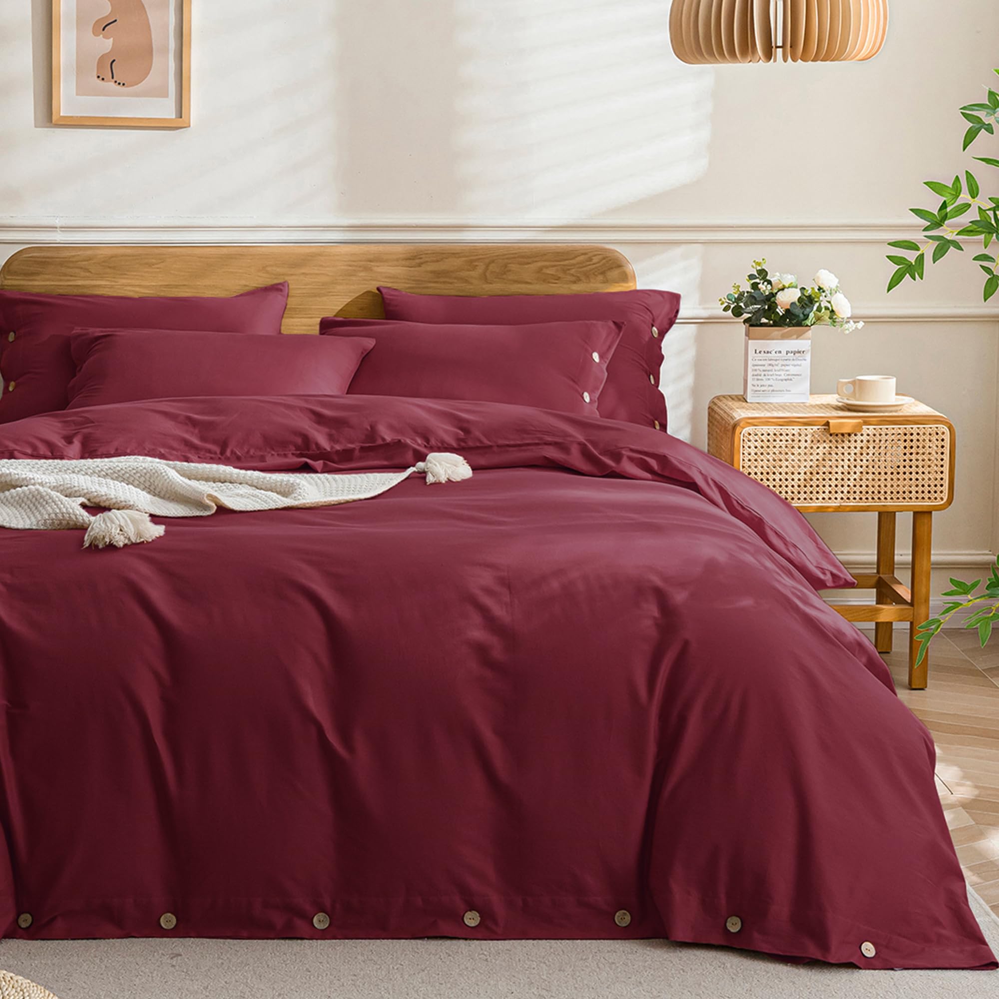 JELLYMONI Cotton Duvet Cover Twin Size - Burgundy Comforter Cover with Button 100% Washed Cotton 2PCS Breathable Soft Solid Bedding Set Duvet Cover 68×90in &amp; 1 Pillowcase (NO Comforter)