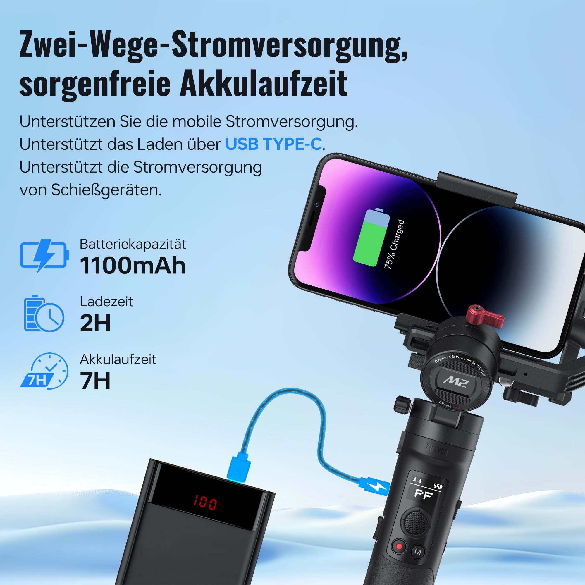 ZHIYUN Crane M2 [Offizieller] 3-Achsen Stabilisator, für Action Kamera, Gopro und Spiegellose Kamera, Smartphone, mit Smartphone Klemme, Stativ