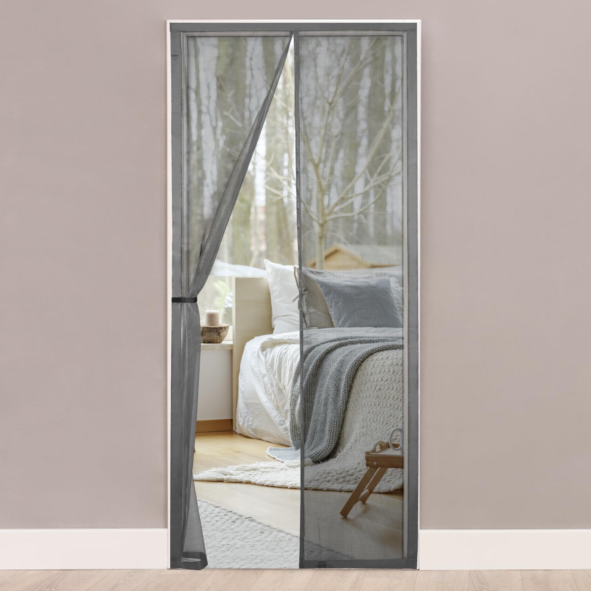 Fliegengitter Balkontür, HONGTAISHENG Insektenschutz Tür Magnet, 85x215 cm Fliegengittertüren Ohne Bohren, 4 cm Breites Klettverschluss, Magnetvorhang für Kellertür und Terrassentür, Grau