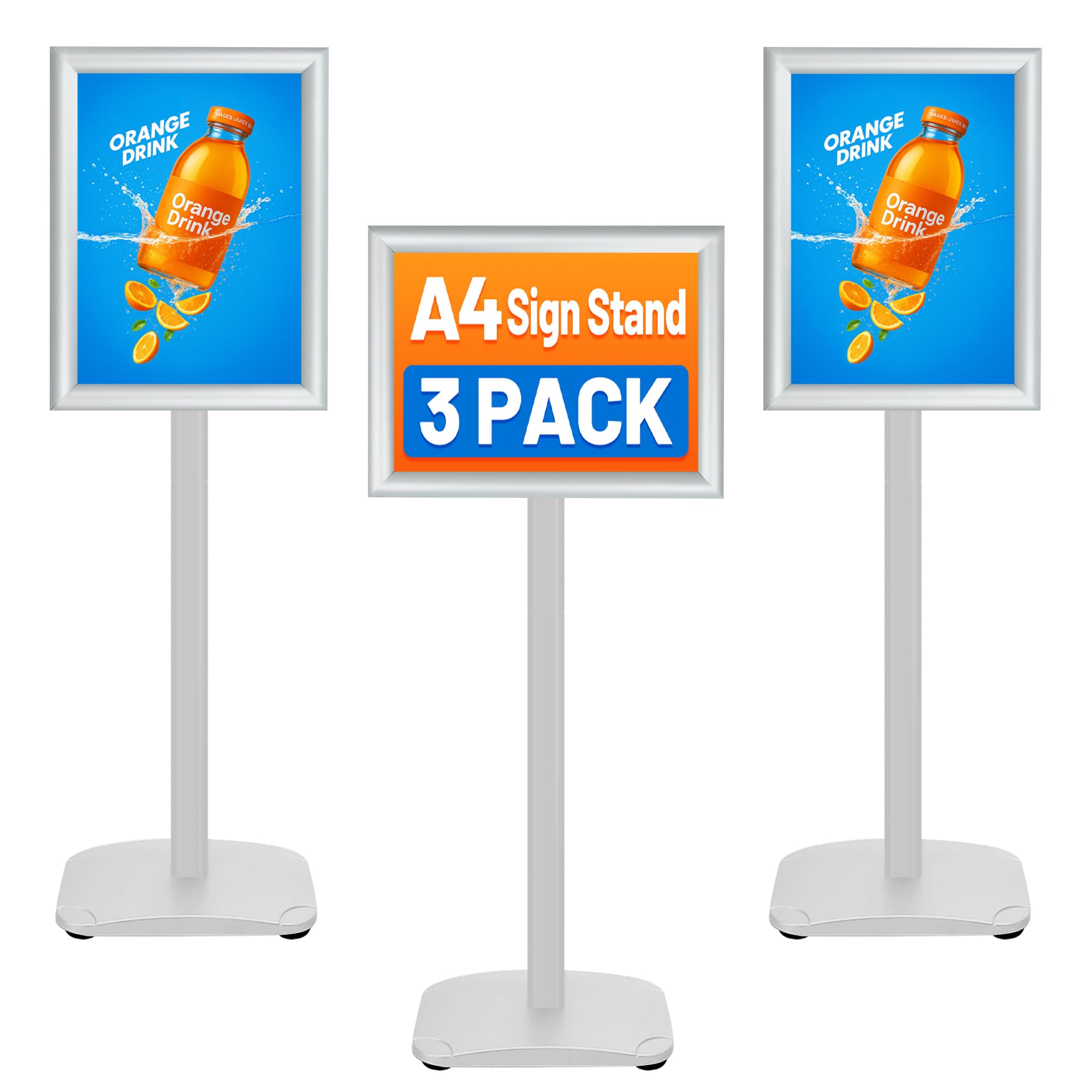 VAIIGO A4 Poster Sign Display Stand 3Pack - Heavy Duty Floor Standing Sign Holder with Snap Frame for Menu Holder, Welcome Sign, Outdoor Signage - Silver