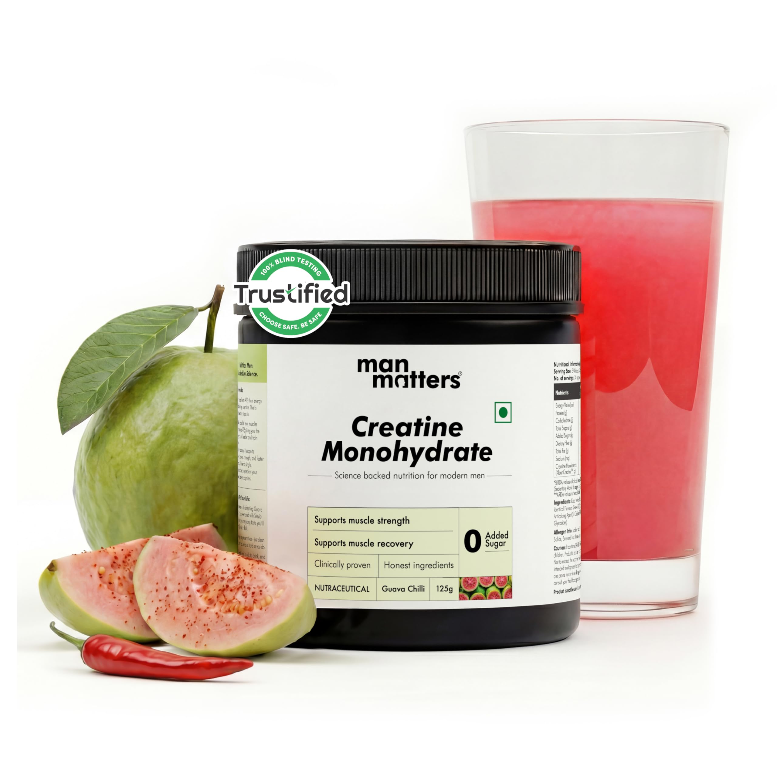 Man Matters Pure Micronised Creatine Monohydrate 125g (32 Servings), Guava Chilli Flavor | Enhances Strength, Muscle Mass & Athletic Performance | Muscle Recovery & Rapid Absorption | 100% Pure Creatine