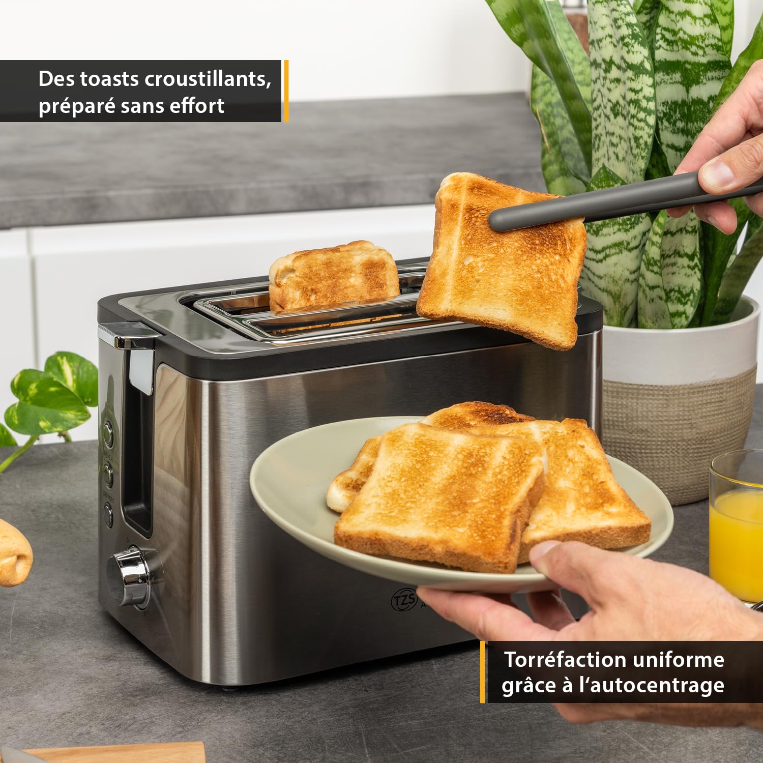 TZS First Austria - Grille-pain 2 tranches - 800W - Décongélation & Réchauffage - 6 niveaux réglable - Chauffe-viennoiseries - Fentes extra-larges - Auto-centrage - Tiroir ramasse-miettes