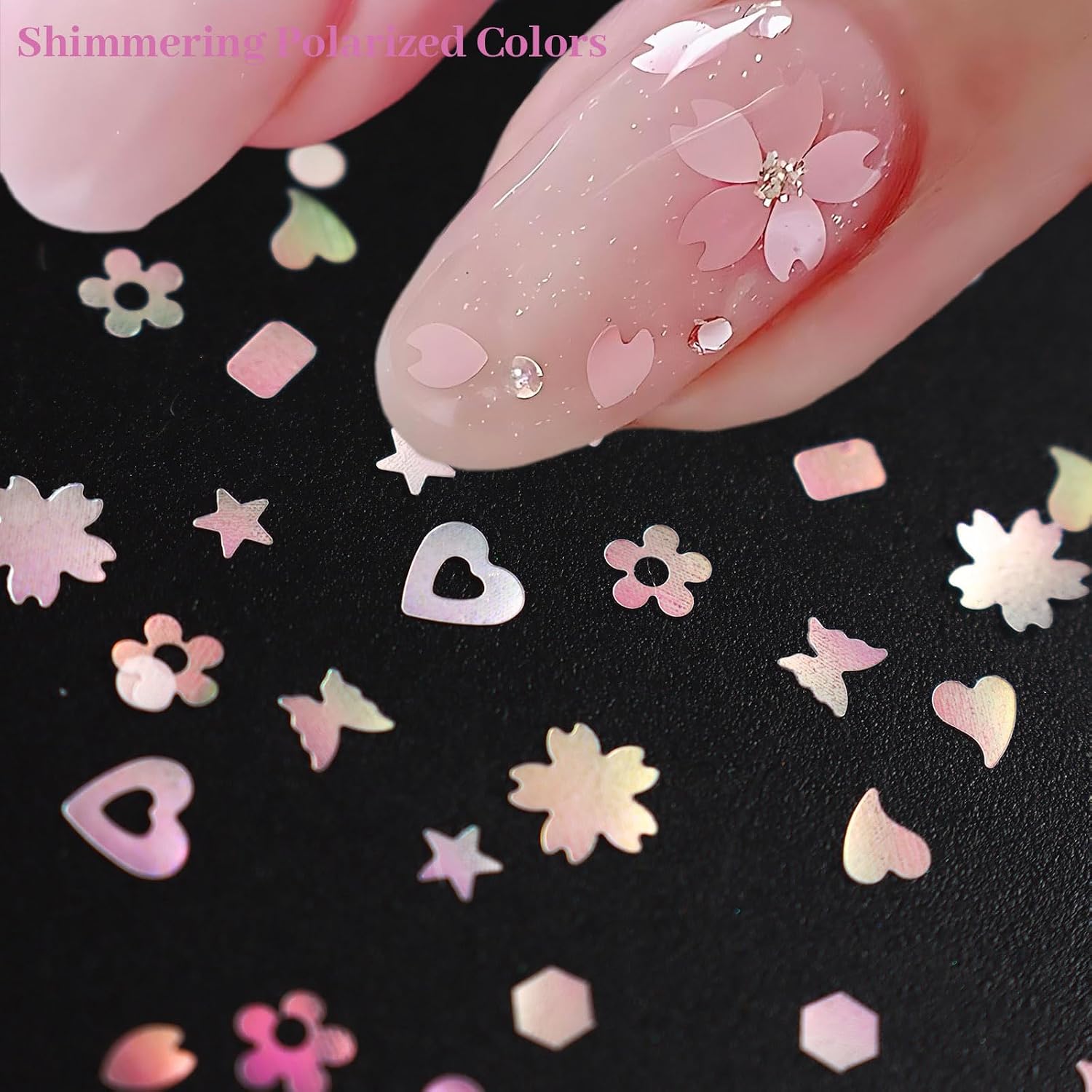12 Boxes Aurora Nail Glitter Set with Brush - Holographic Iridescent Pink 3D Nail Art Sequins Flakes in Butterfly, Flower Petal, Heart, Star for Women DIY Wedding Nail Decorations Charms