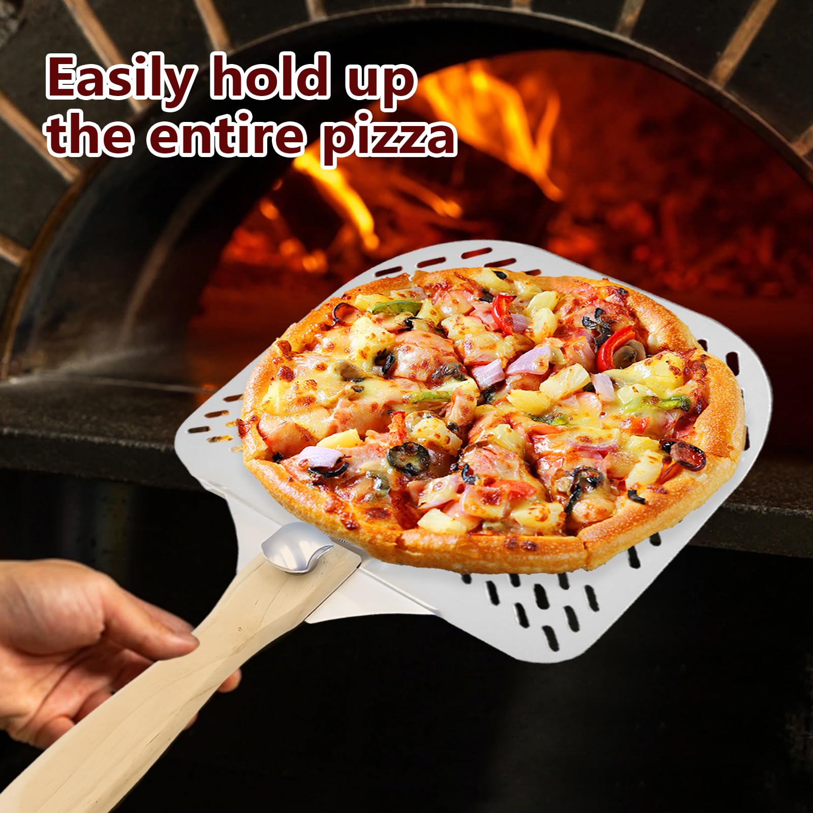 Pelle a Pizza, Pelle à Pizza Perforée en Aluminium, Pelle à Pizzaiolo en Acier Inoxydable avec Poignée Amovible, Pelle à Pizza Avec en Bois Pliable pour Cuisson de Pizzas, Pain