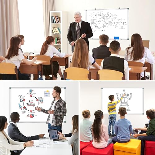 Miniatura 7 de H-Qprobd Pizarra blanca magnética, 48 x 36 pulgadas, marco de aluminio plateado, pizarra de borrado en seco para el hogar, oficina, aula