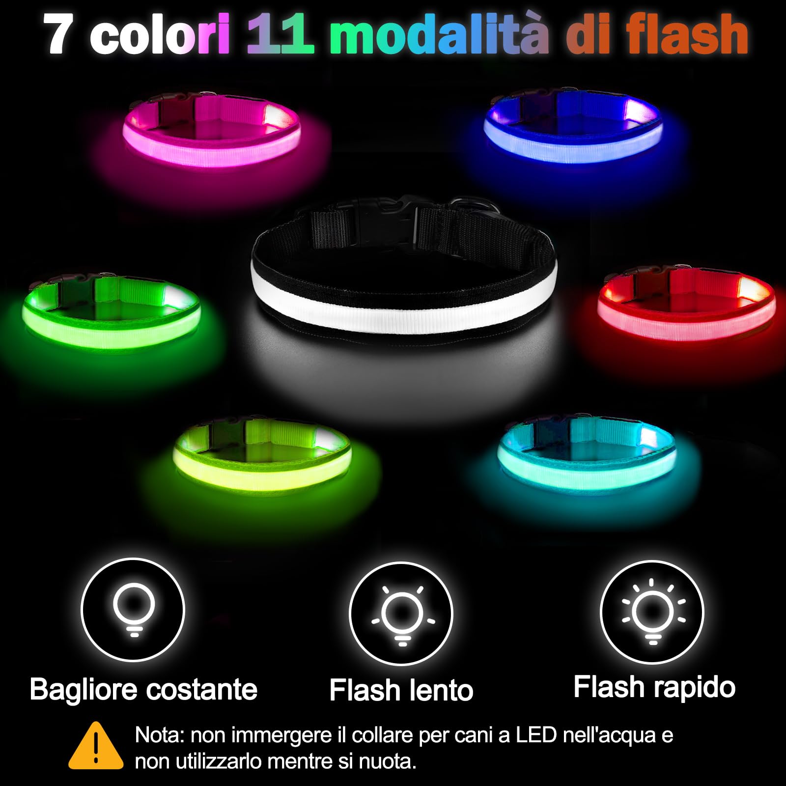 Nepfaivy Collare Luminoso per Cani Ricaricabile - Collare per Cani a Led con Lunghezza Regolabile, 3 Modalità di Illuminazione per la Sicurezza Notturna, Nero