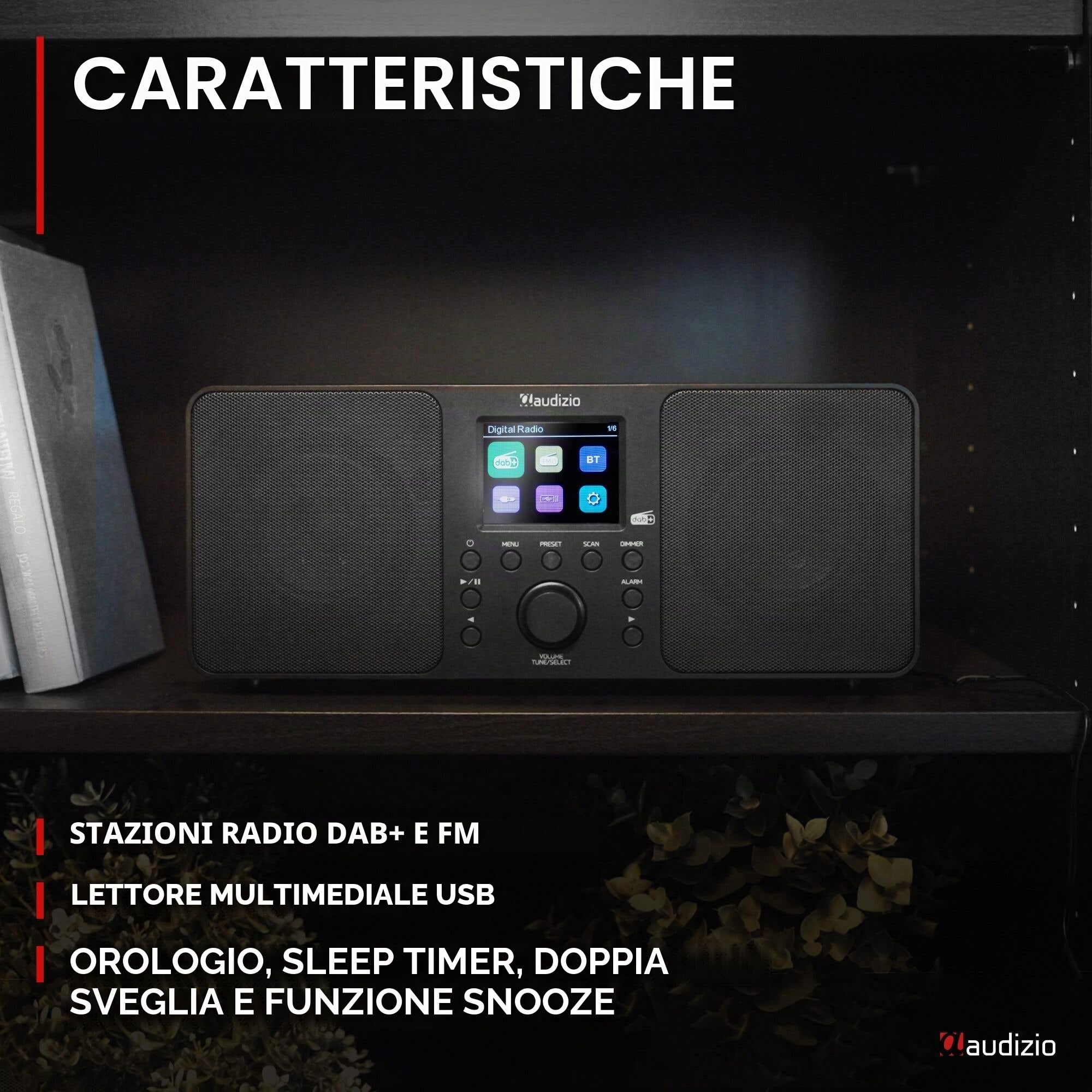 Audizio Genua Radio Digitale DAB+ Bluetooth 50W Altoparlanti Stereo FM USB Doppio Allarme Telecomando Display Colori