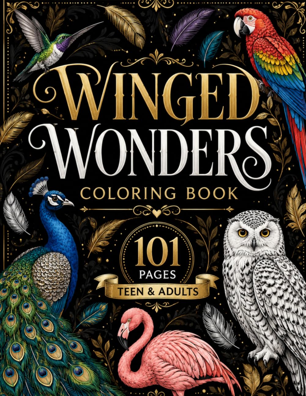 Winged Wonders Coloring Book: 101 Beautiful Bird Illustrations for Relaxation, Stress Relief & Creative Expression for Teens & Adults