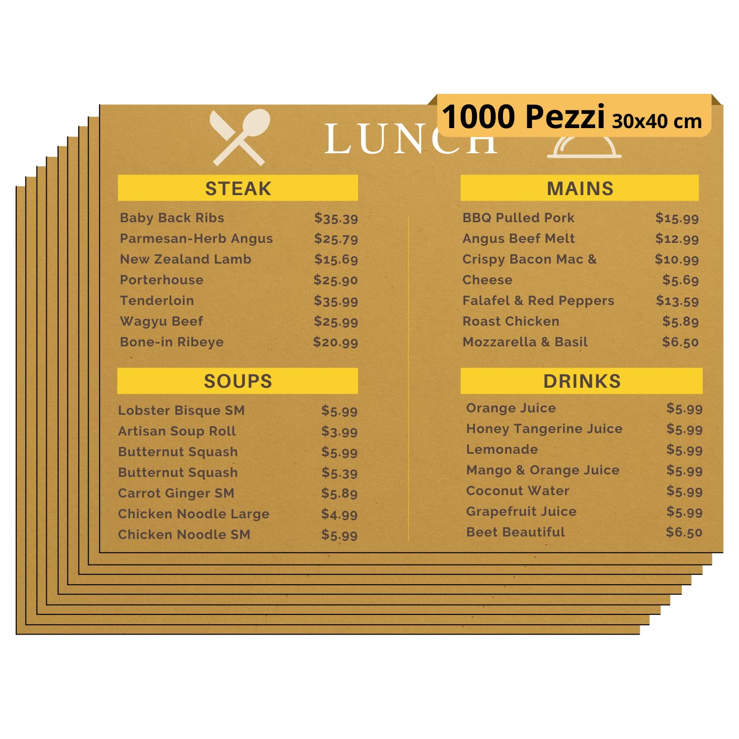 Stampitaly® 1000 Tovagliette Monouso Personalizzate 30x40cm con Logo, Made in Italy - Stampa Menù e Grafica - Tovagliette Usa e Getta Personalizzabili per Ristoranti e Bar in Carta Paglia 90 Gr/mq