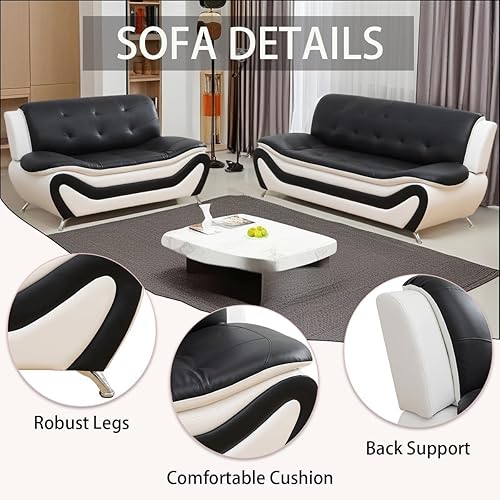 Miniatura 3 de Conjunto de sofá de cuero blanco y negro de alta gama de 2 piezas, estética moderna para un hogar moderno, asientos de sala de estar duraderos y