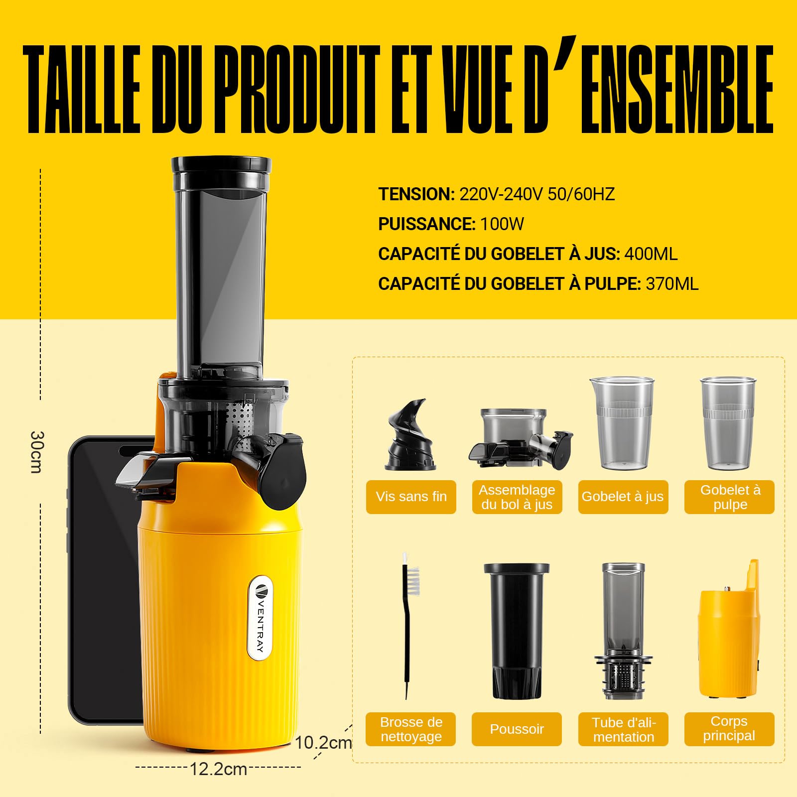 Ventray Extracteur de Jus - Slow Juicer Pression Douce 60 Tours, Presse à froid, Fonction de Mastication Inversée, Extracteur de Jus de Fruits et Légumes Sans BPA, Facile à nettoyer, Vert Perroquet