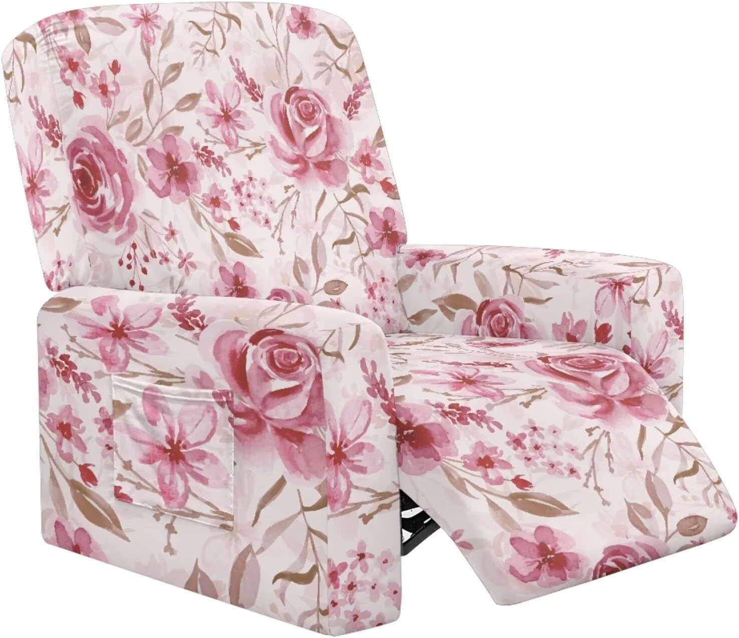Watercolor Rose Pattern Reclining Sofa Cover Single Seat, Lazyboy Chair Protective Cover with Storage Pocket, Anti Dust Wear Resistant Recliner Slipcover for Pets, Pink