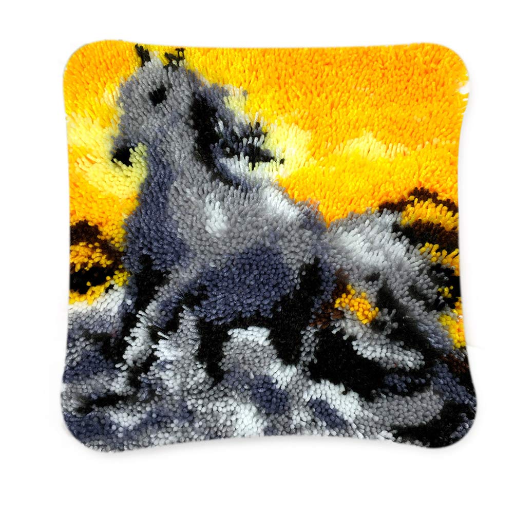 TQQT DIY Latch Hook Rug Kits Cushion Carpet Mat Cover Hand Craft Embroidery Pillowcase Crocheting Yarn Sewing Cartoon Handmade Baby Kids Adults Parents Gift Horse 02