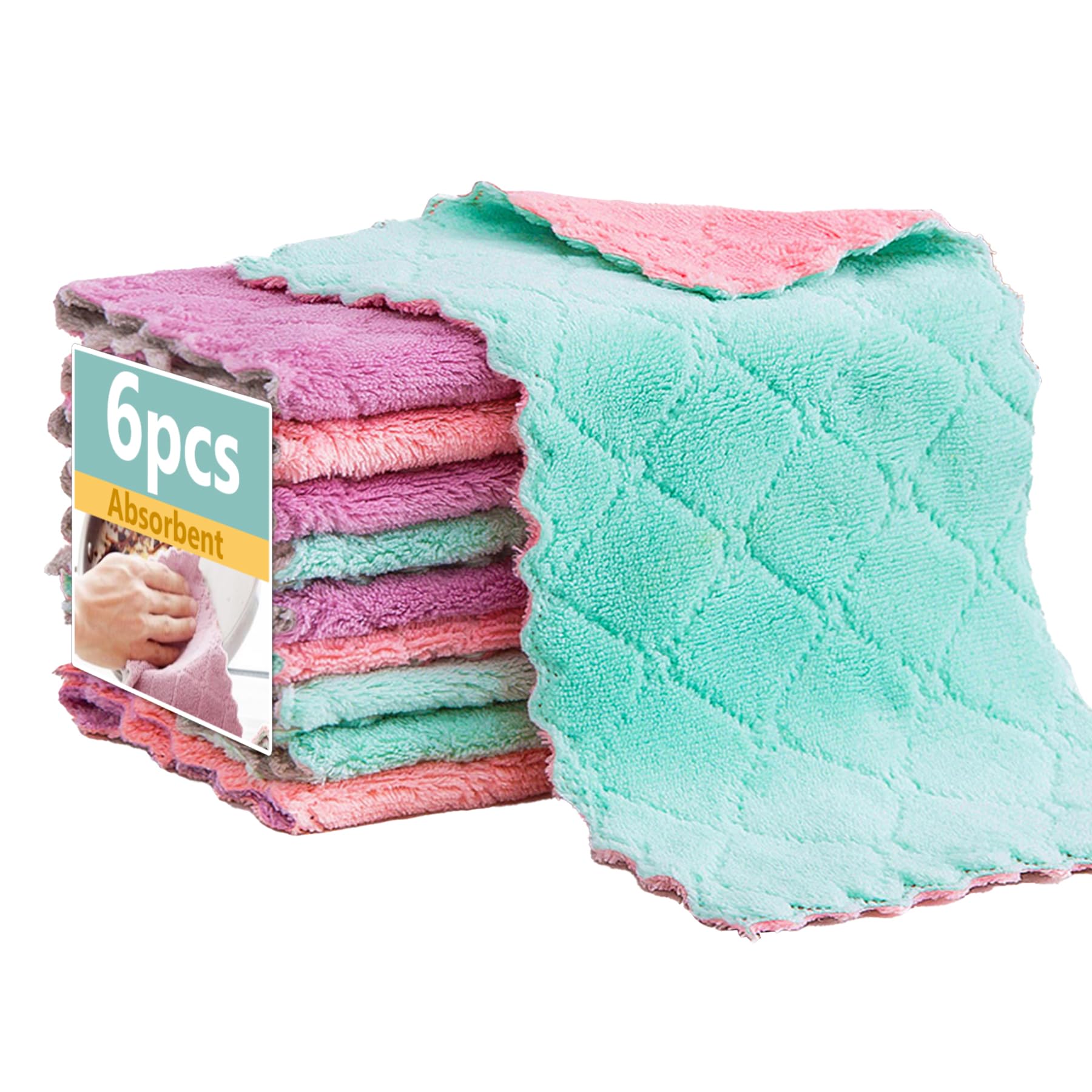 Microfiber Cleaning Cloths - Super Absorbent Streak-Free & Lint-Free Towels for Glass Kitchen & Home (Gray, Purple, Pink, Green) (6pcs)