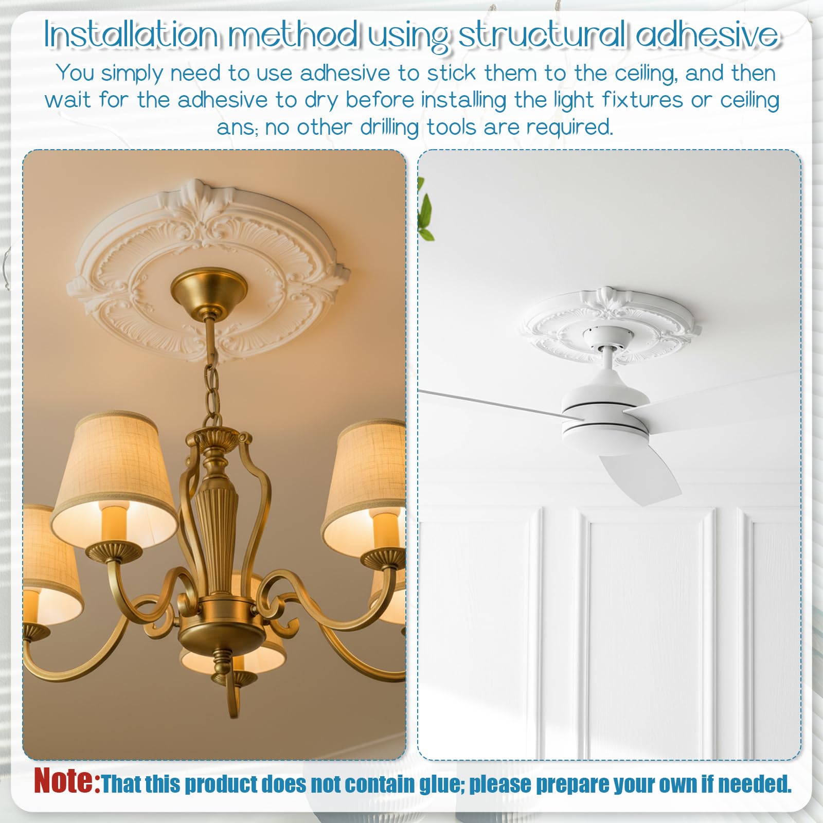 2 Pieces PU Ceiling Medallion Decorative White Home Lighting Ceiling Medallions Ceilings Fan Medallion Round for Light Fixtures and Ceilings Fans, 12" od x 3.5" ID(White) — Amazon image 5