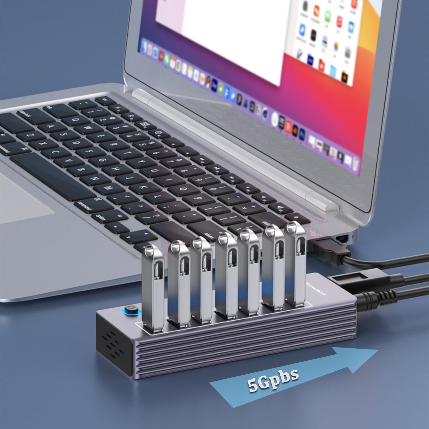 Aktywny Koncentrator USB, Aluminiowy 7-Portowy USB 3.0 Hub Transferu 5Gbps z Indywidualnym Przełącznikiem LED, Zasilaczem 36W(12V/3A), 100CM 2-w-1 (USB A/C) Transmisji Danych (TCC-T307U)
