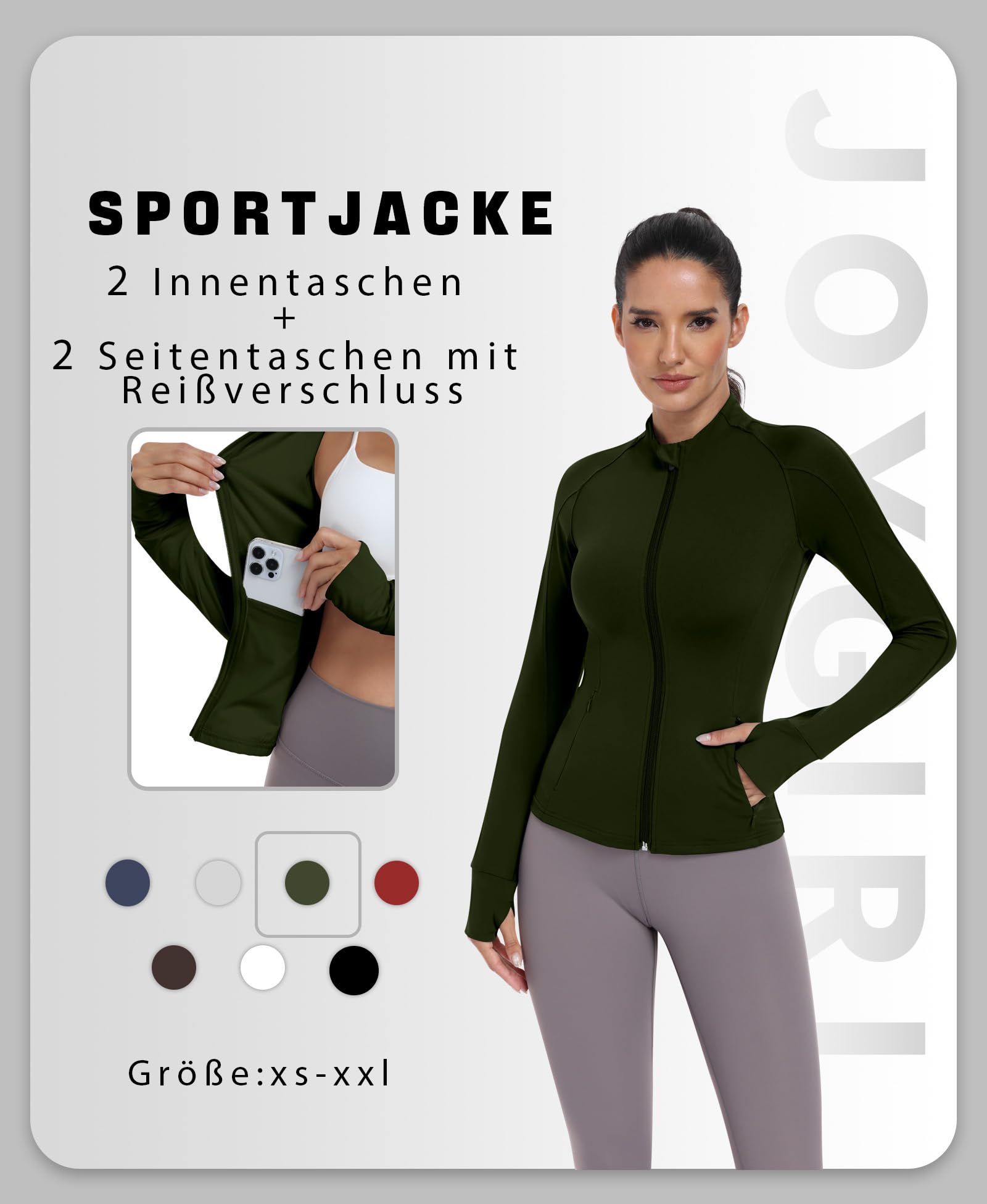 JoyGirl Chaqueta deportiva para mujer, con cremallera, bolsillos para el gimnasio, yoga, fitness, chaqueta ligera con agujero para el pulgar
