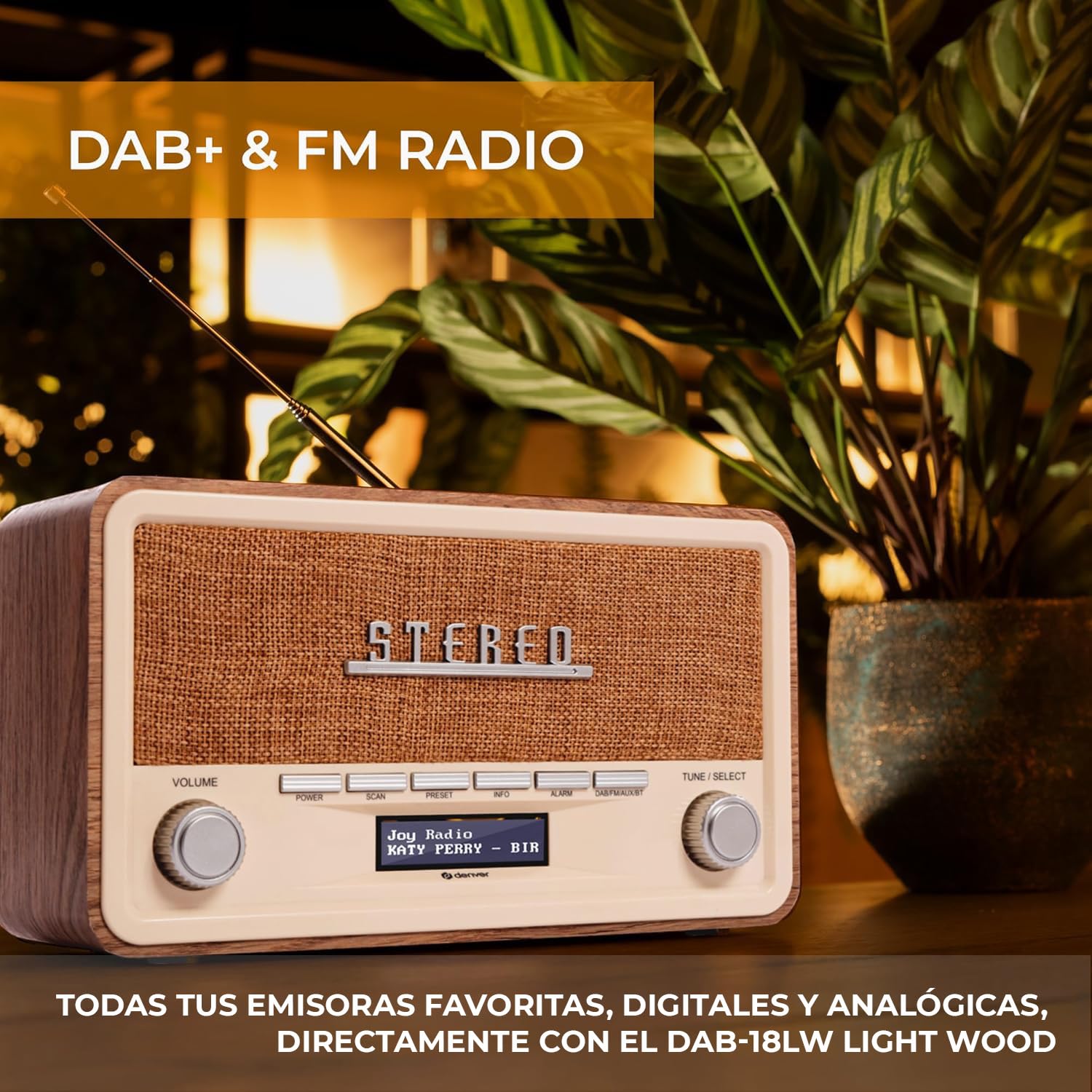 Denver DAB-18 Radio Dab+/FM Bluetooth, AUX, Reloj Despertador, Pantalla LCD, Acabado Madera Clara
