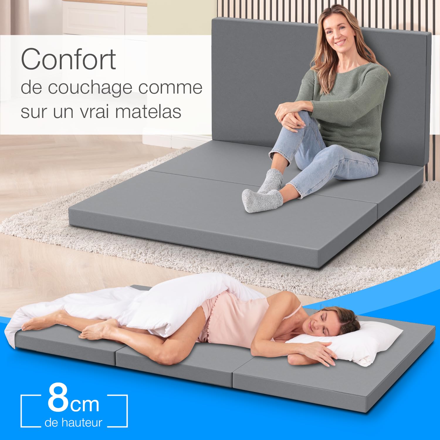 ELONEO Matelas Pliant pour 2 Personnes, 120x200 cm, épaisseur : 8 cm, idéal comme lit d’appoint ou Matelas de Voyage, Facile à Plier, utilisable comme lit d’appoint ou Cube d’Assise, Lavable, Gris