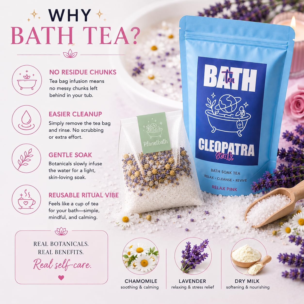 Bath Tea Bags for Tub - Cleopatra Coconut Vanilla Milk Bath - Herbal Soak with Epsom Salt - Skin Softening Spa Aromatherapy - Luxury Relaxation Soak - PlanetBath 6.35 oz