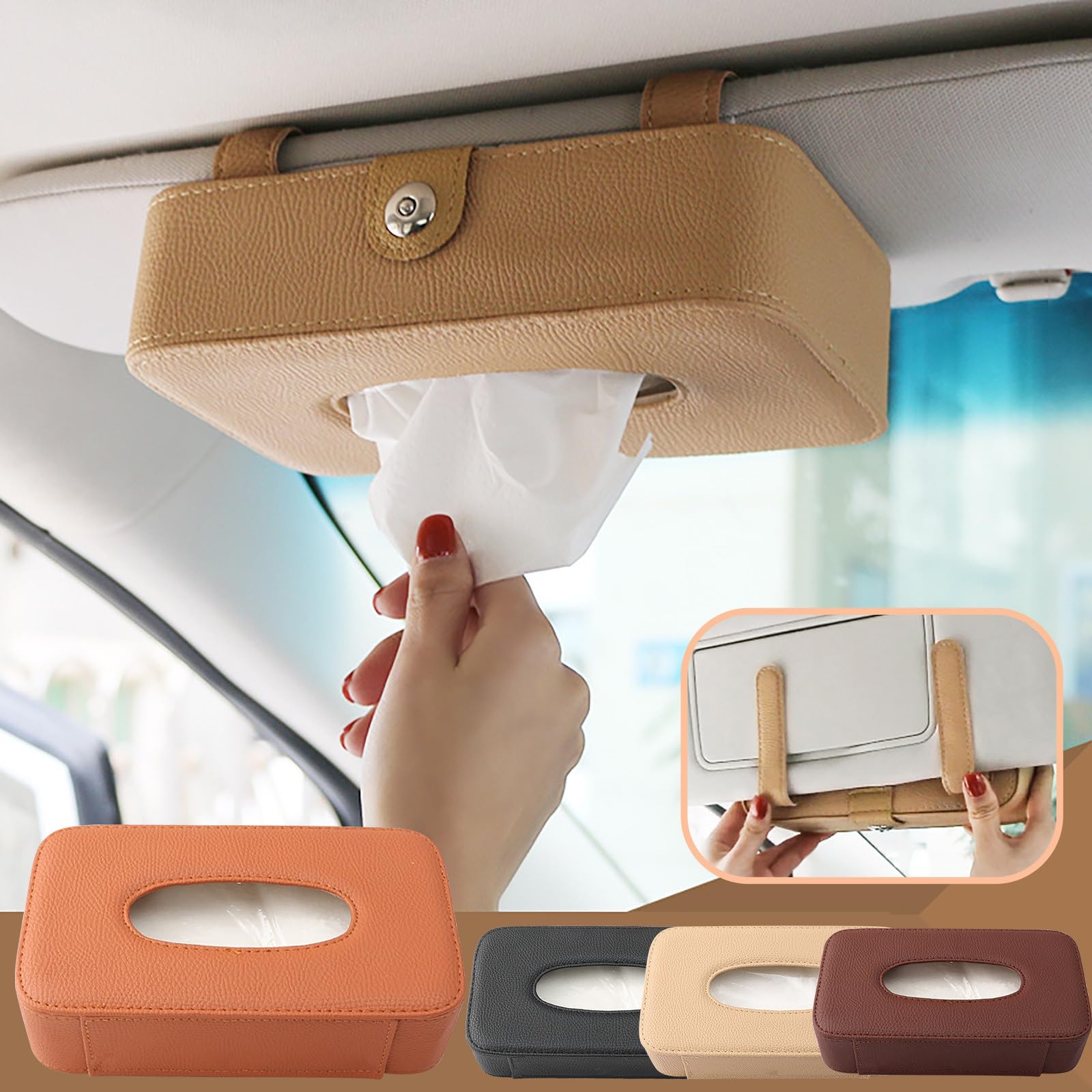 Boîte à Mouchoirs Voiture 2 Pièces - Cuir PU, Fixation Pare-soleil Par Sangle Ou Clip, Rangement Pratique