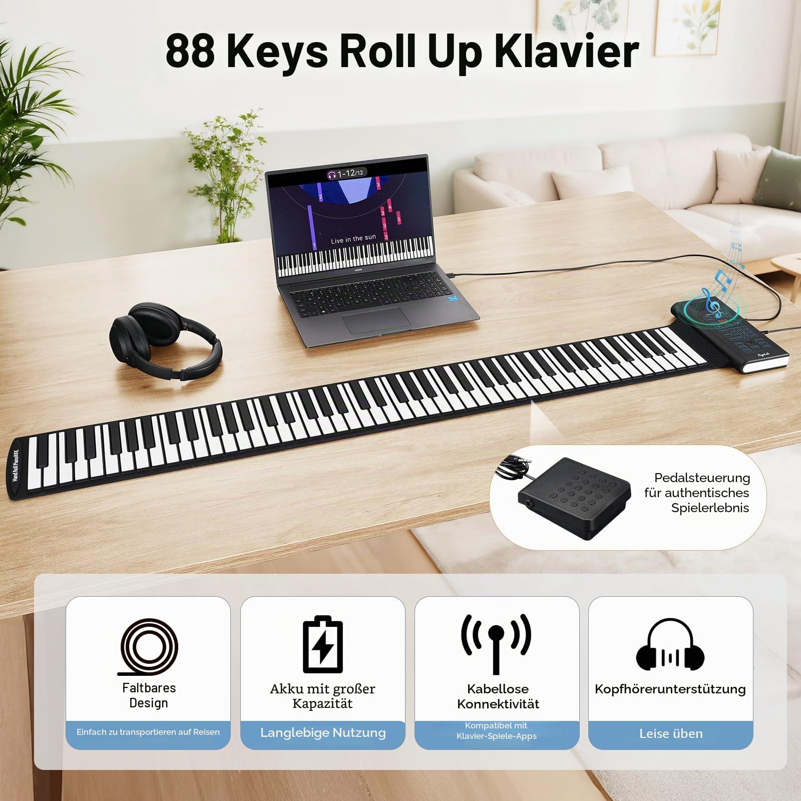 POGOLAB 88-Tasten-Roll-Up-Keyboard-Piano, wiederaufladbares Roll-Up-Piano mit 20 Demos/128 Klangfarben/128 Rhythmen/Kopfhöreranschluss/Bluetooth/Drum-Kit, faltbares Reise-Handroll-Piano für alle