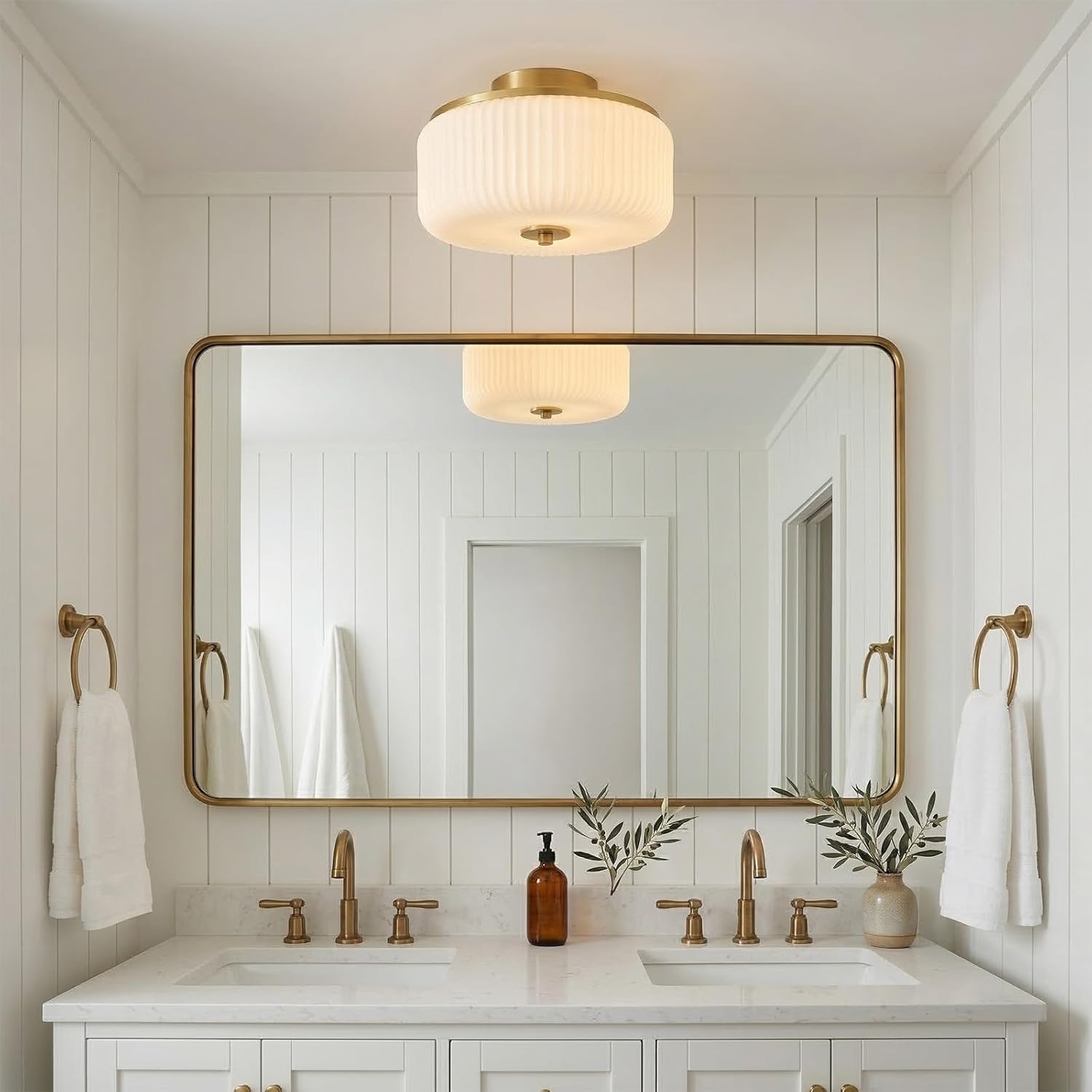 3-Light Gold Flush Mount Ceiling Light, 11.8" Modern Schoolhouse Light Fixtures Ceiling Mount with Ribbed Opal White Glass Shade, Anti-Glare Close to Ceiling Lamp for Bedroom Kitchen Hallway Entryway