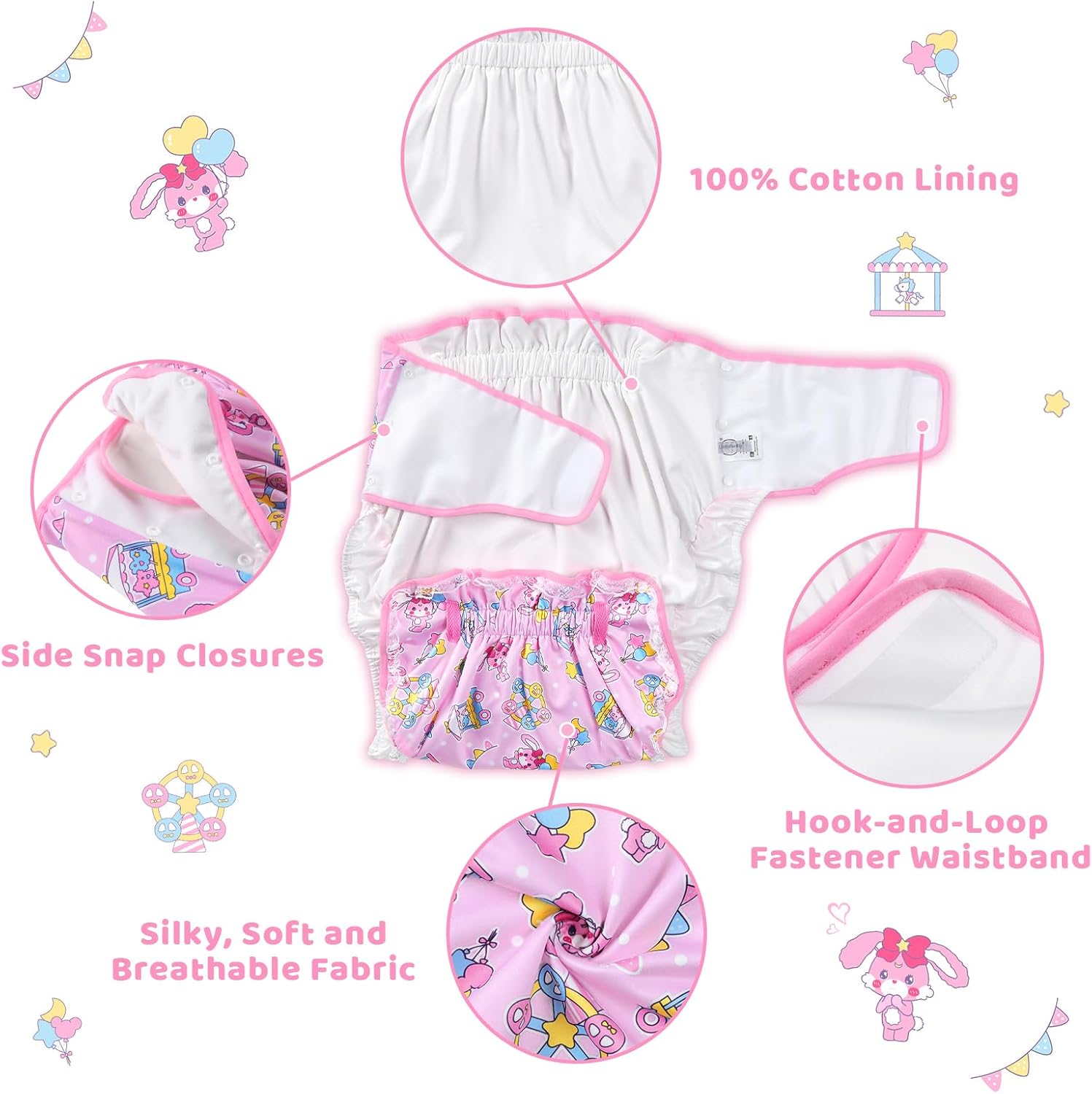 Littleforbig Adult Ribbon Omutsu Diaper Wrap Cover Washable Adjustable Reusable Waterproof - Usagi Pastel Circus Pattern - Image 2