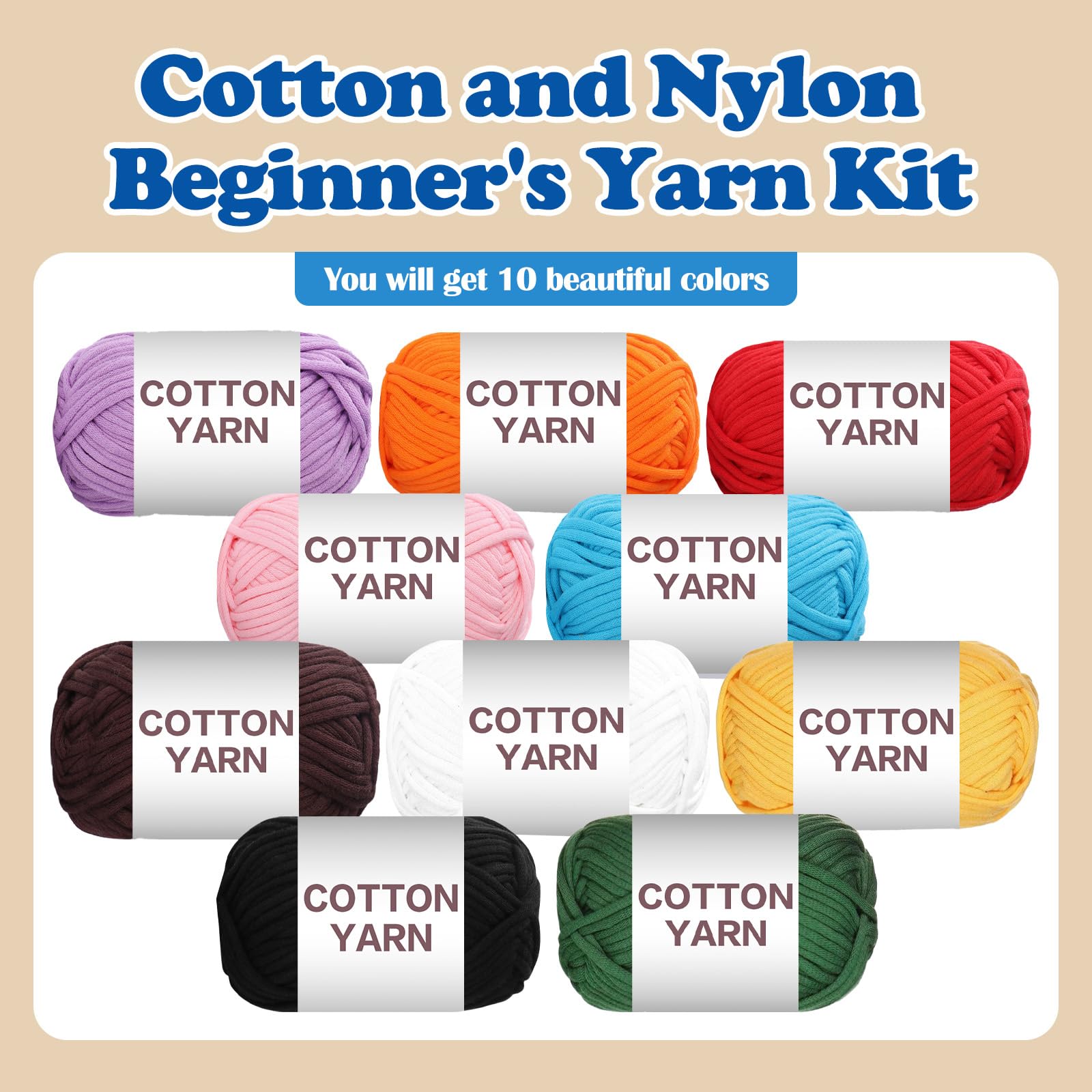 10 × 50 g Anfängergarn-Set zum Häkeln und Stricken, Baumwoll-Nylon-Mischgarn für Handarbeiten, Taschen, Korbpuppen und Kissen F