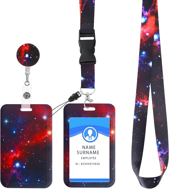 cobee ID Badge Holder with Lanyard, Retractable Starry Sky Badge Holders with Reels and Detachable Badge Lanyards Fashionable Neck Crossbody Lanyard Name Credit Card Protector for Nurse,Teacher(Red)
