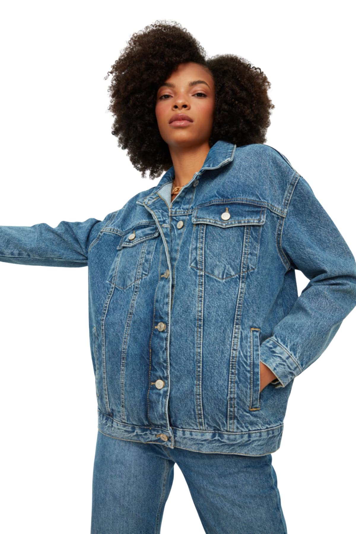 Trendyol Women Regular fit Basic Lapel Collar Denim Jacket Blau