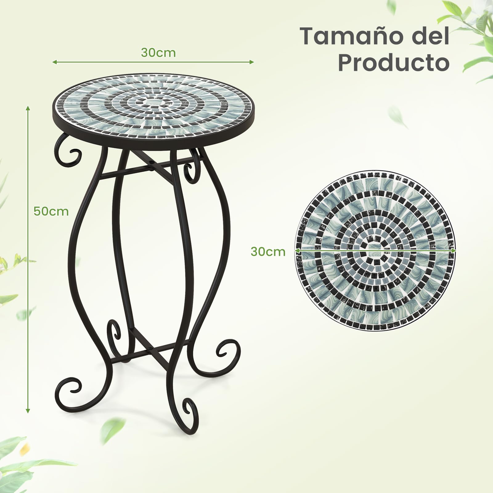 COSTWAY Mesa Auxiliar de Exterior Mosaico, Mesa de Jardín Redonda con Tablero de Cerámica Resistente, Soporte para Plantas Pequeña para Balcón Patio,Jardín, Mesa de Acento (Turquesa)