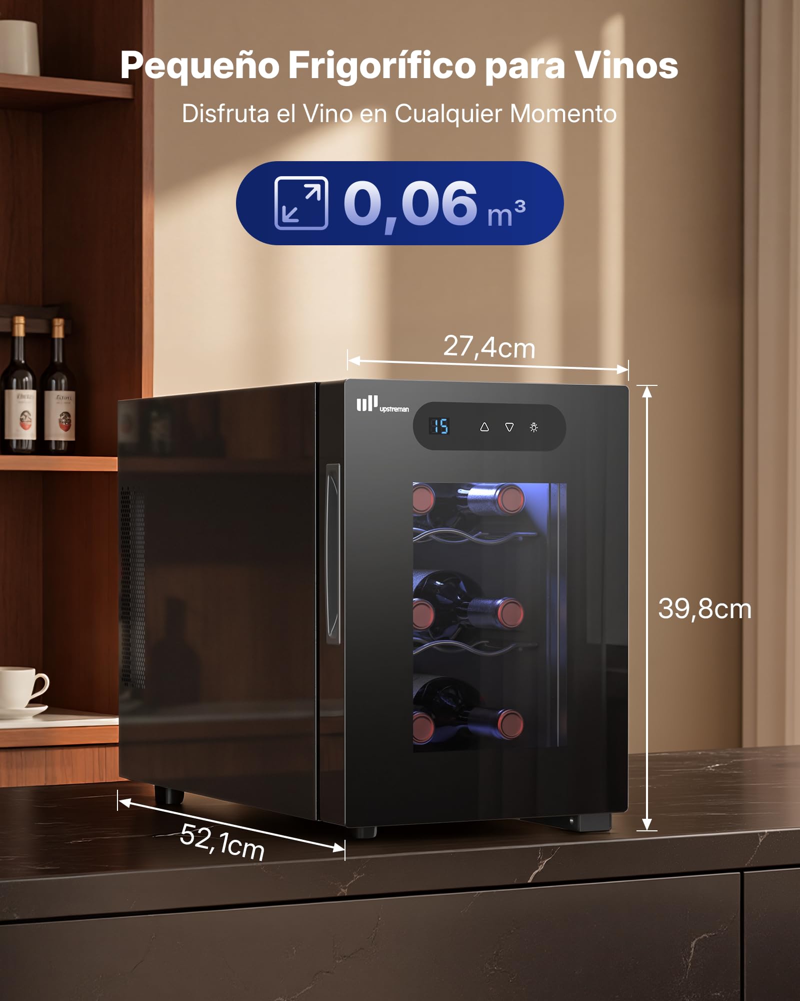 Upstreman Vinoteca para 6 botellas, 5-18 °C ajustable, pantalla táctil digital, silenciosa, doble cristal térmico anti-UV, iluminación LED | 5-18 °C ajustable, pantalla táctil digital, silenciosa, doble cristal térmico anti-UV, iluminación LED