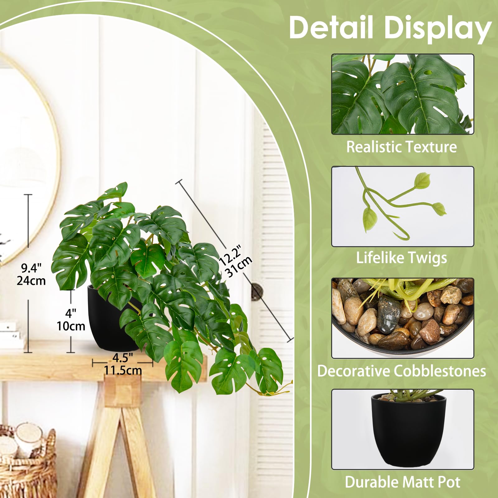 Hollyone Artificial Plants in Black Pots, Fake Monstera Plant Decorative Faux Potted Plants - Image 2