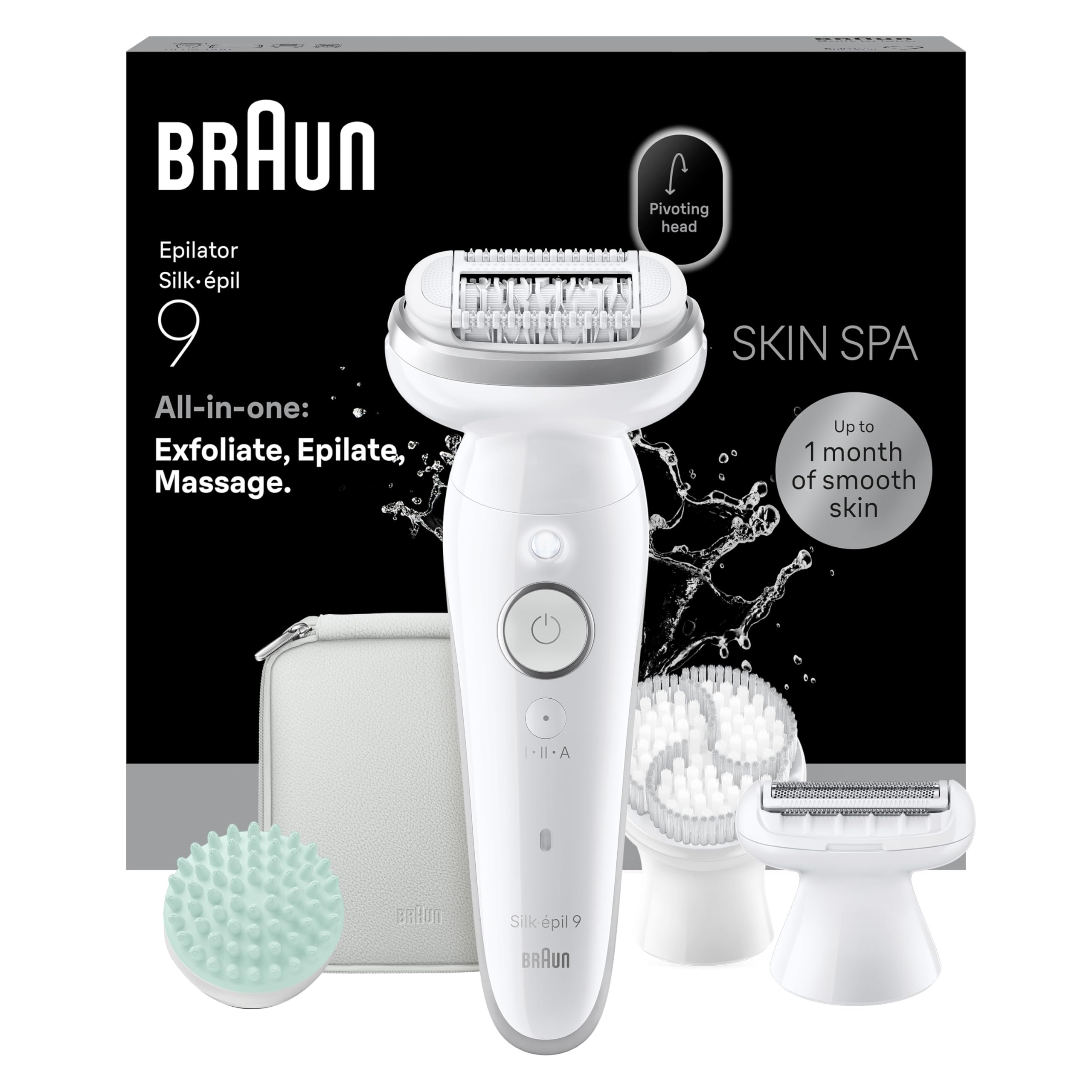 Braun Silk Epil 9 SkinSpa, Epilatore Con Testina Flessibile, Rasoio Elettrico Donna, Wet&Dry, Pelle Liscia A Lungo, Spazzola Esfoliante, Accessorio Massaggiante, Testina Radente, Cappuccio Regolatore