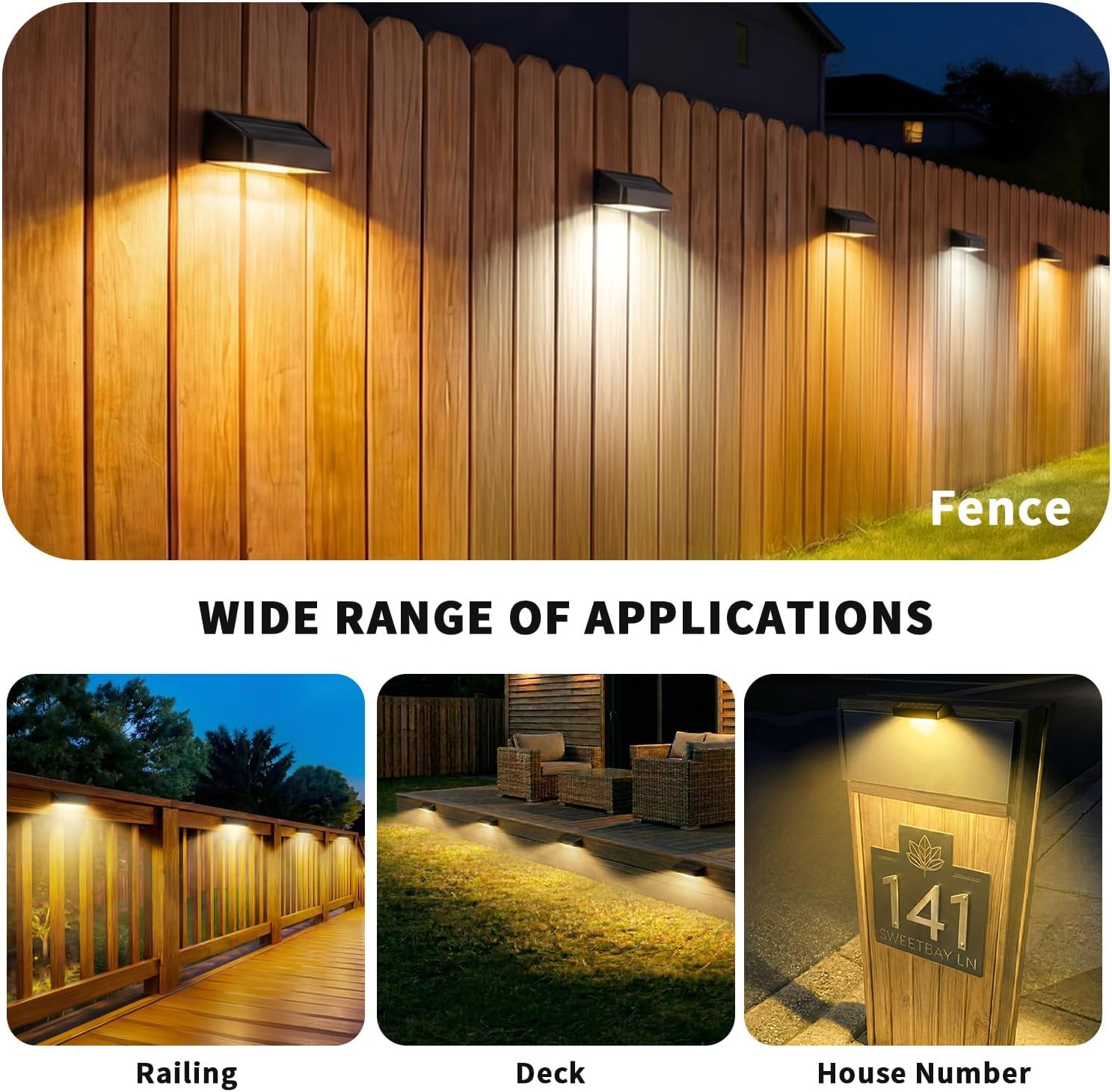 JOFIOS Fence Lights Solar Powered 12 Pack, 3000/4000/6000K 3 Modes, IP65 Waterproof Solar Fence Lights Outdoor, Dusk to Dawn Deck Lights for Outside, Wall, Backyard, Step, Patio, Stair Railings