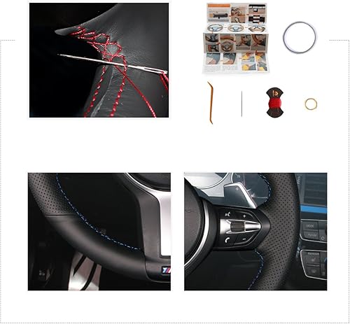 Miniatura 4 de MEWANT - Funda de volante negra con costuras a mano, a medida, de cuero auténtico