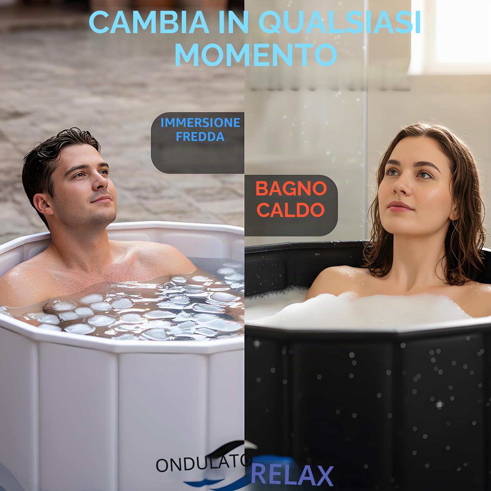 WAVYEASE Vasca Portatile e Pieghevole | Doppio Uso: Crioterapia & Idromassaggio | Bagno Ghiaccio e Immersione Fredda | 80x66 cm | per Interni ed Esterni (Nero)