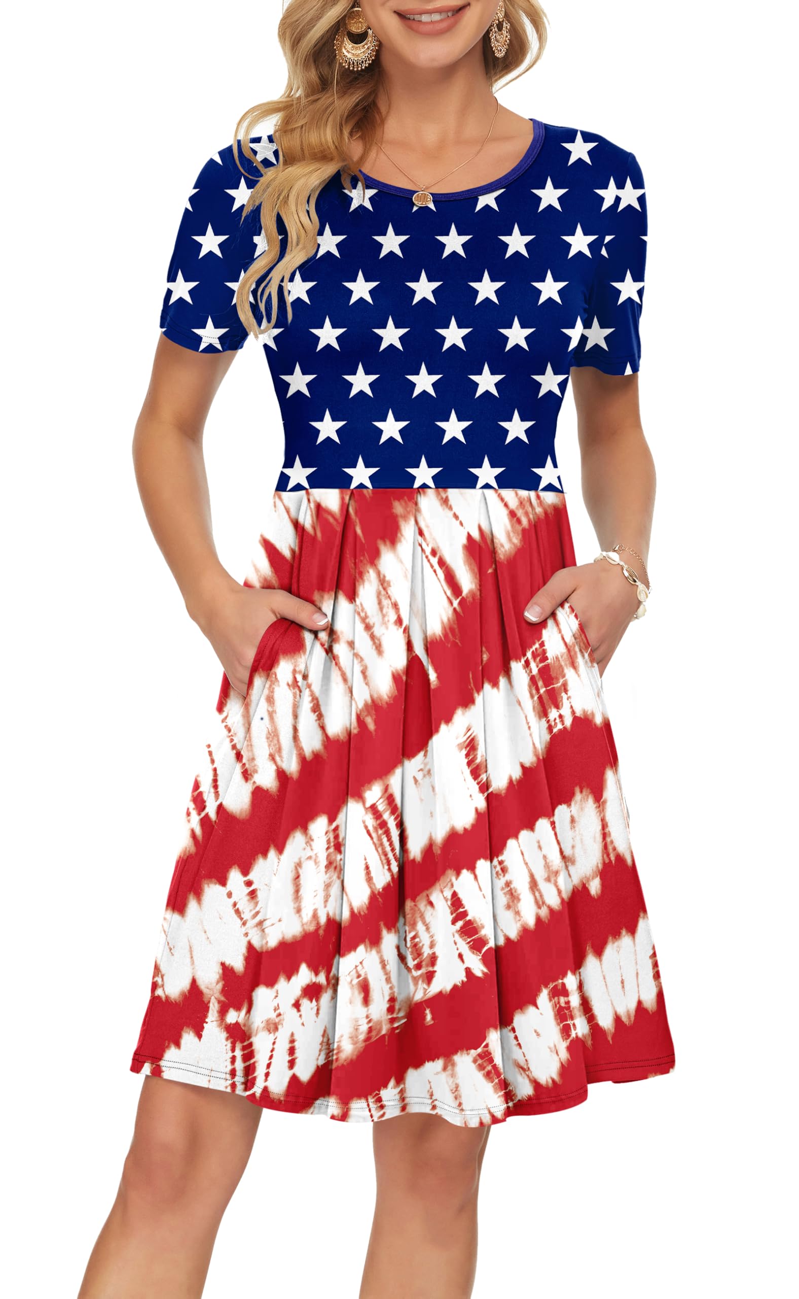AUSELILY Women's Short Sleeve Pleated Swing Summer Dress with Pockets