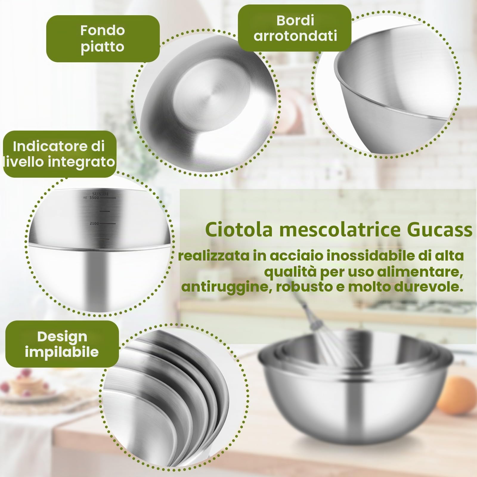 Gucass Set da 5 ciotole acciaio inox cucina (0,7 L / 1,2 L / 1,8 L / 2,5 L / 3,5 L), ciotole cucina impilabili, insalatiera acciaio inox lavabili in lavastoviglie – per insalata, impasti, dolci