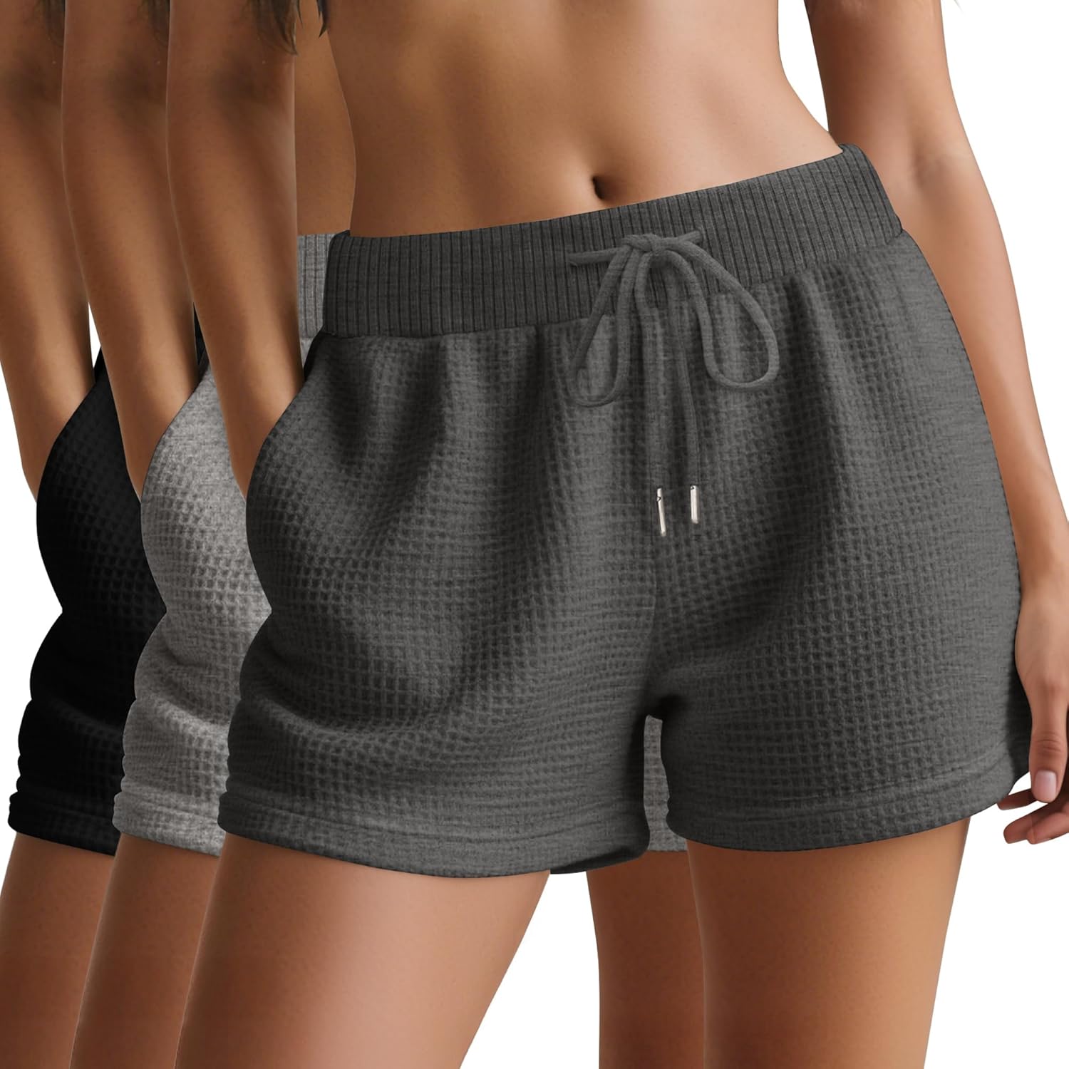 Huukeay 3 Pack Women's Waffle Knit Shorts Drawstring Casual Lounge Pajama Bottoms Comfy Summer Shorts with Pockets