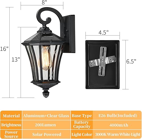Miniatura 4 de YSN Luces solares de pared de 16 pulgadas para exteriores, accesorios de iluminación exterior del atardecer al amanecer, luces solares negras para