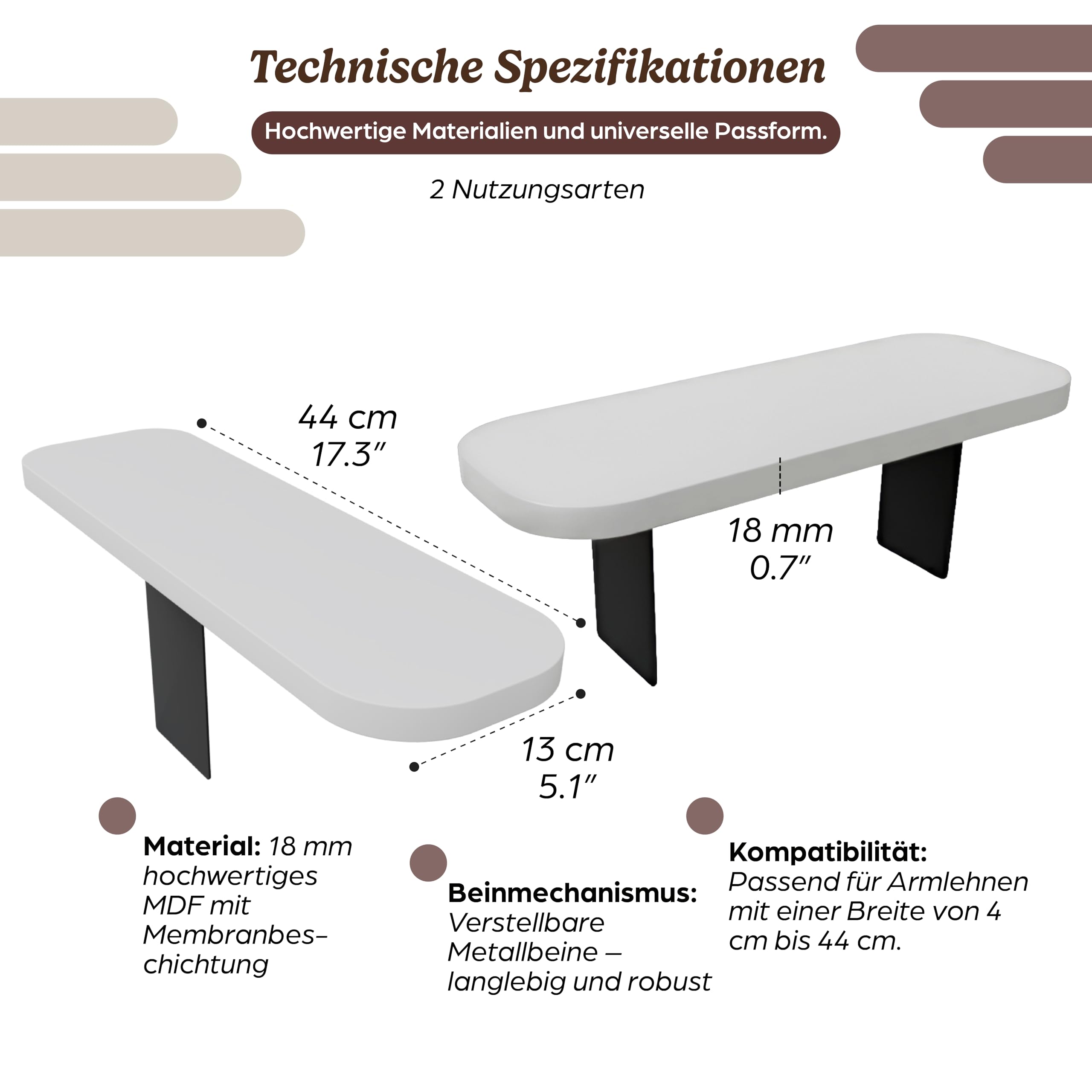 LeoHome Sofa Tablett für Armlehne – Verstellbare Couch-Ablage & Getränkehalter – Längs & Quer für Breite & Schmale Lehnen – Wasserfestes, Robustes MDF (38 x 14 cm), Weiß