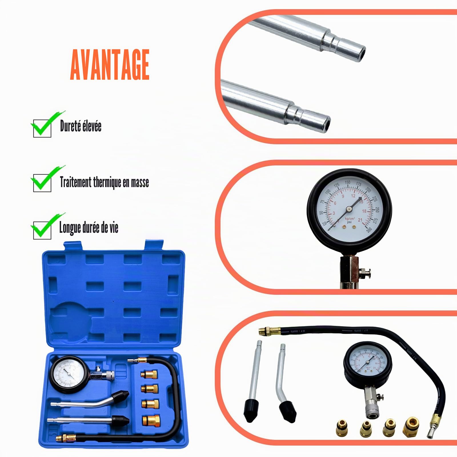 Vaileal Testeur de compression à essence, avec manomètre de bougie d'allumage et 4 adaptateurs, 0-20 bar ou 0-300 psi, testeur de pression M10, M12, M14, M18 pour voiture, camion