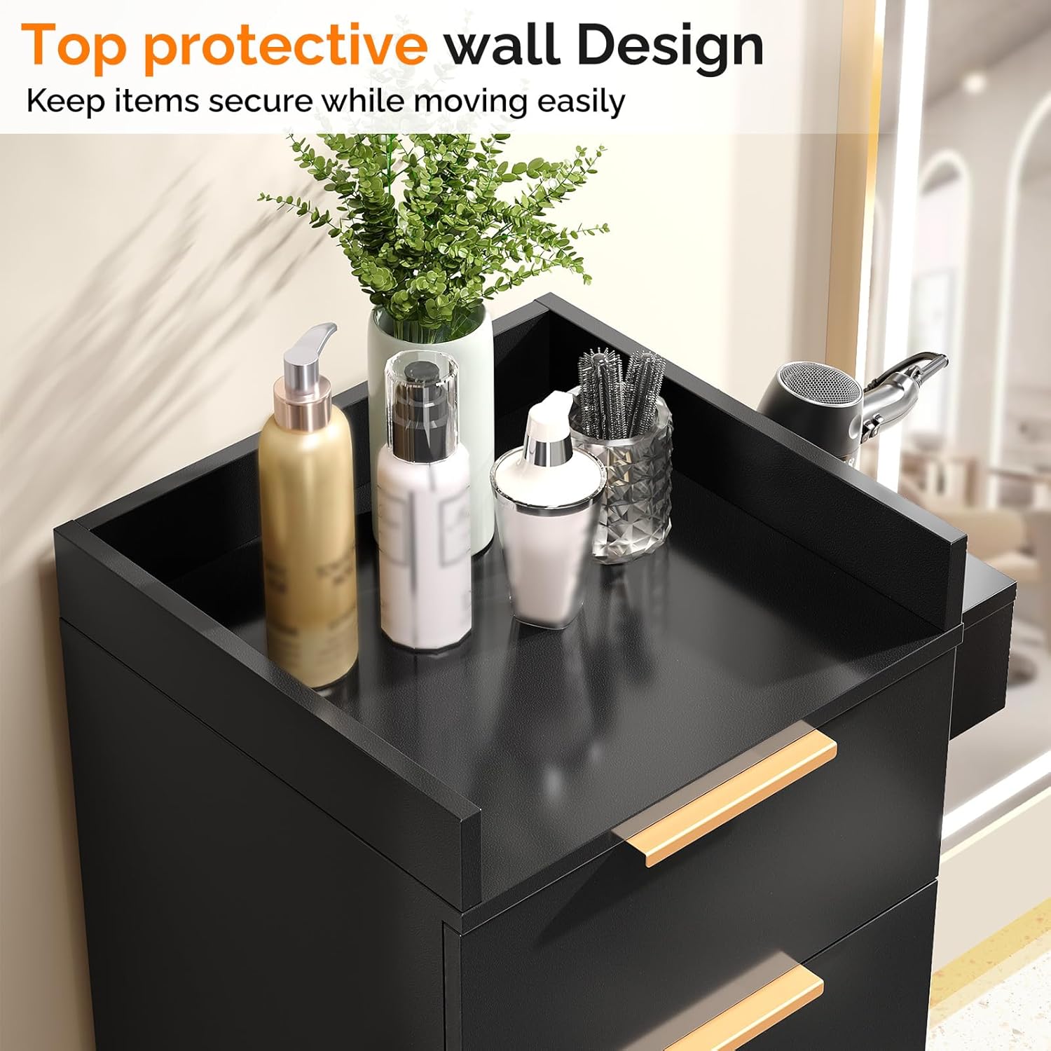 OmySalon Salon Cart with Wheels, 3-Tier Rolling Hair Styling Station, 2 Drawers & Adjustable Shelf, Hair Dryer Holder, Mobile Organizer for Salon, Barber, Spa, Nail & Beauty Tools, Black