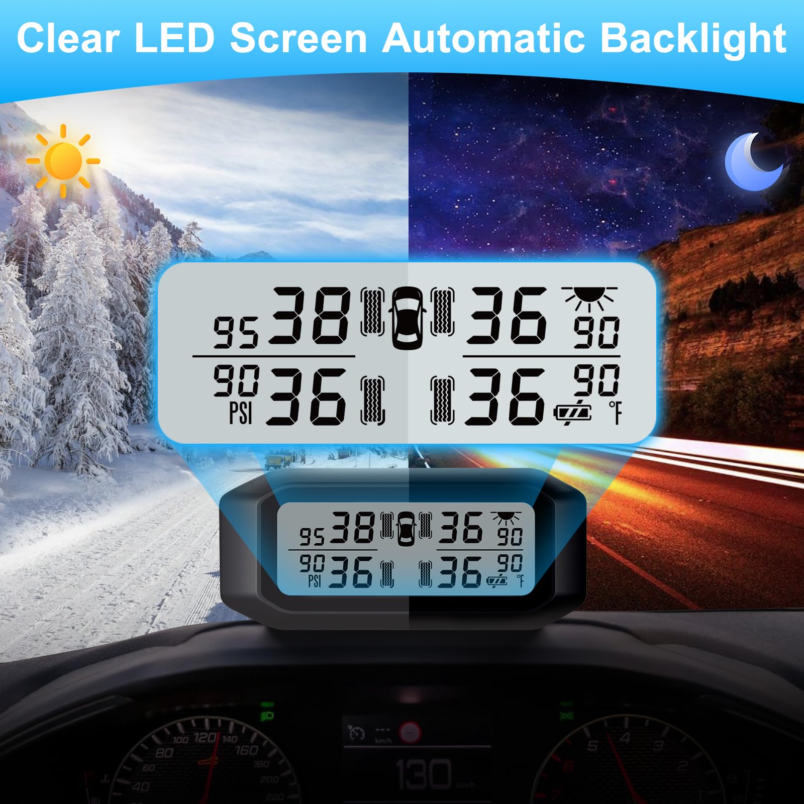 Promata Sistema di monitoraggio della pressione dei pneumatici per camper (0-99 psi/0-8 bar), carica solare e micro USB TPMS, 4 sensori e 6 modalità di allarme, avviso visivo e acustico per roulotte