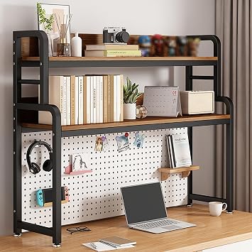 FQWYNMZ Industrial Computer Desk Desktop Shelf, 3 Tiers Steel Framework Desktop Bookshelf, Office Desktop Organizer with Perforated Board, Storage Display Rack Countertop Hutch Bookshelf Color Bla